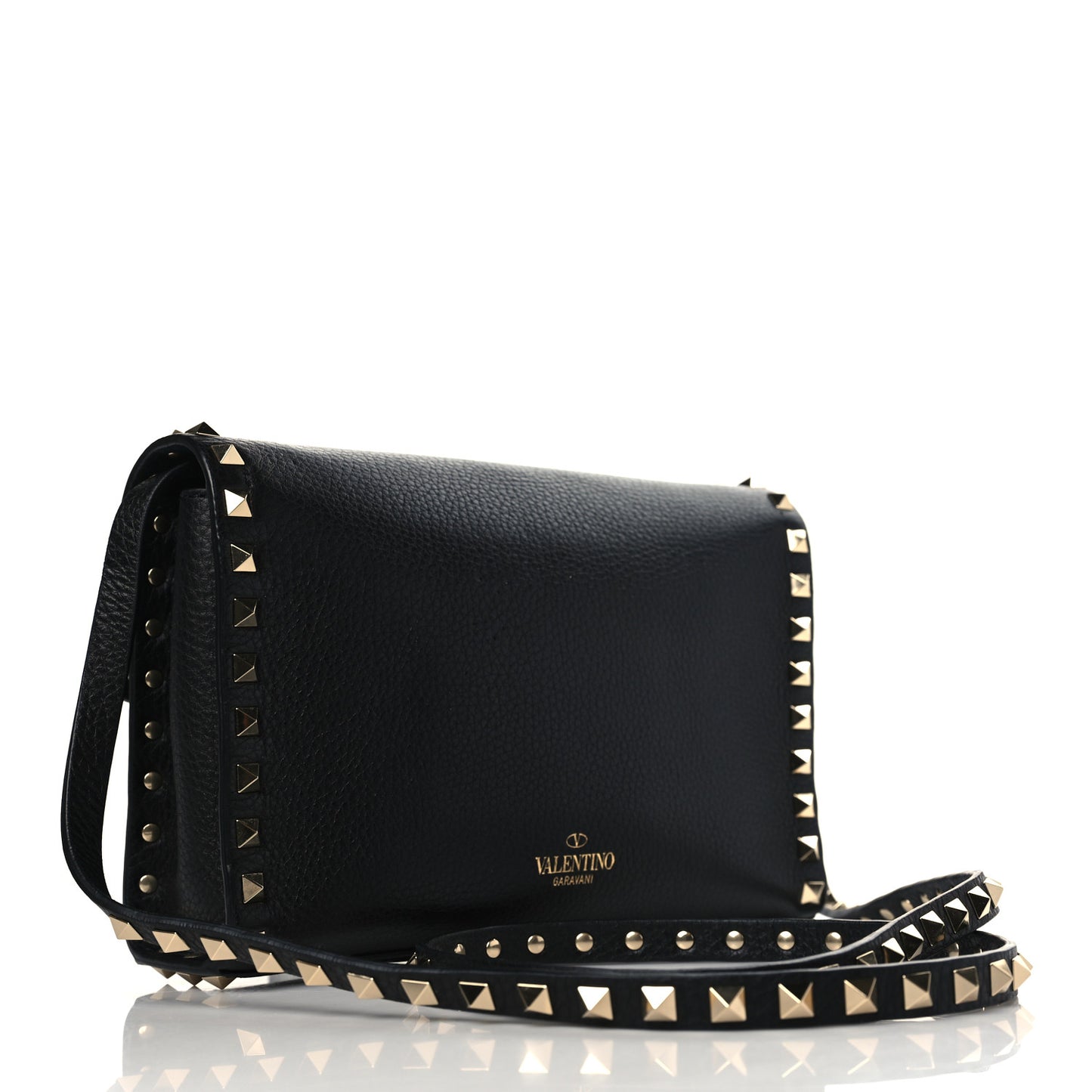 Pebbled Calfskin Medium Rockstud Flip Lock Crossbody Bag Black