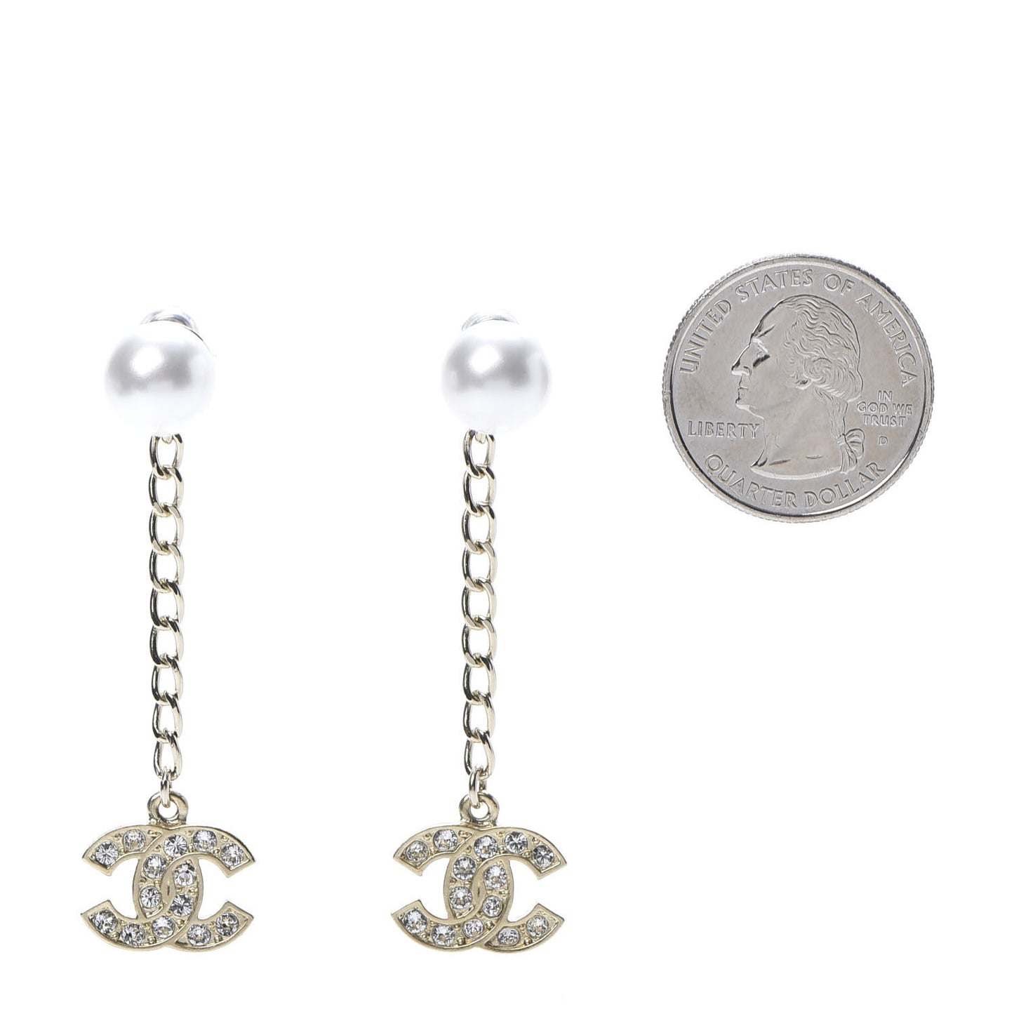 Pearl Crystal CC Long Drop Earrings Gold