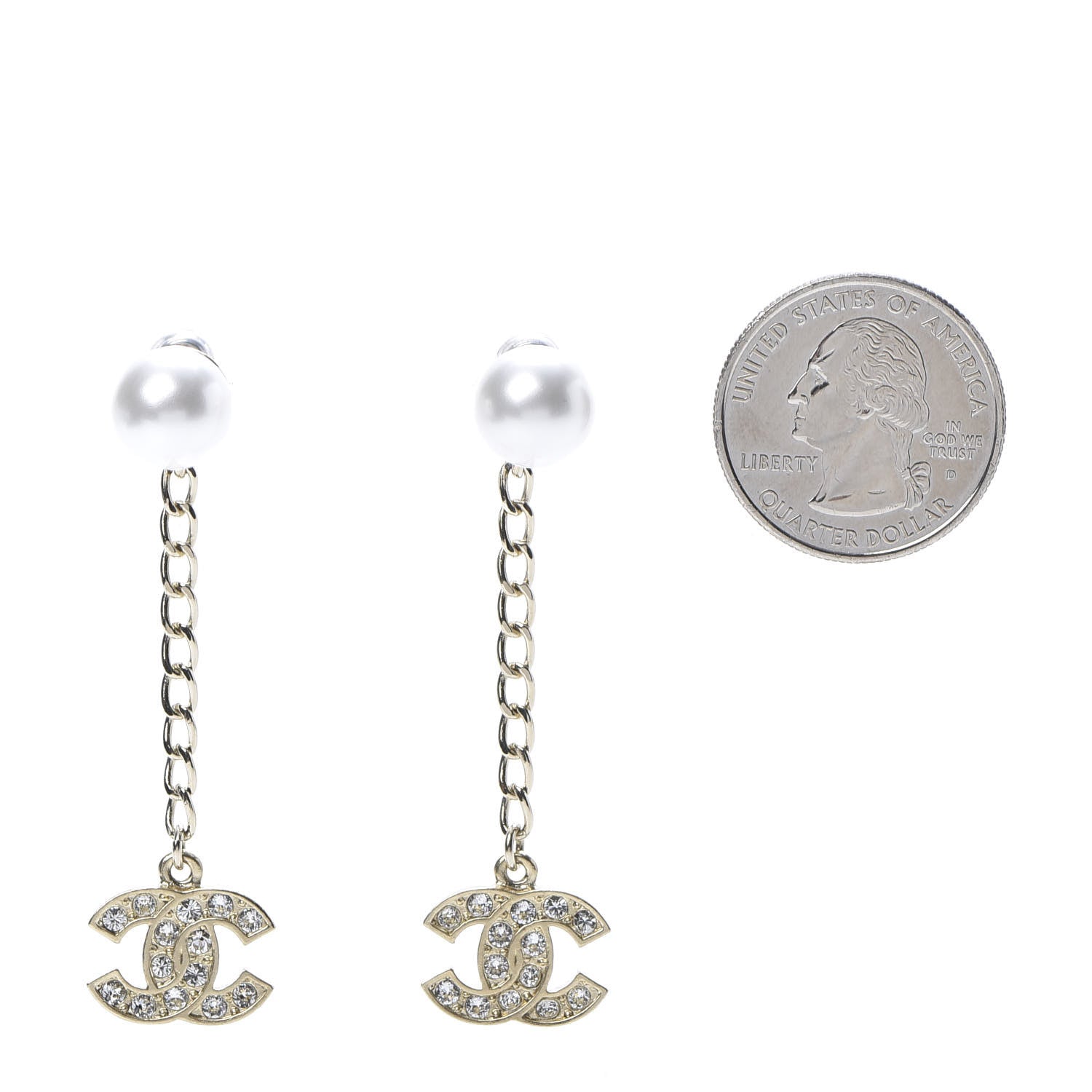 Chanel Pearl Crystal CC Long Drop Earrings Gold 2 of 5