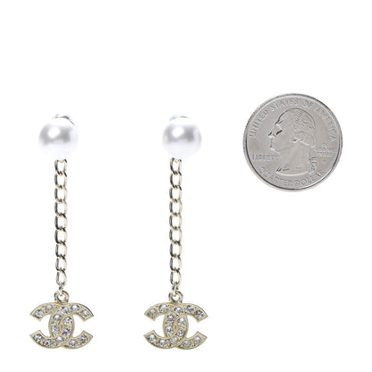 Chanel Pearl Crystal CC Long Drop Earrings Gold 2 of 5