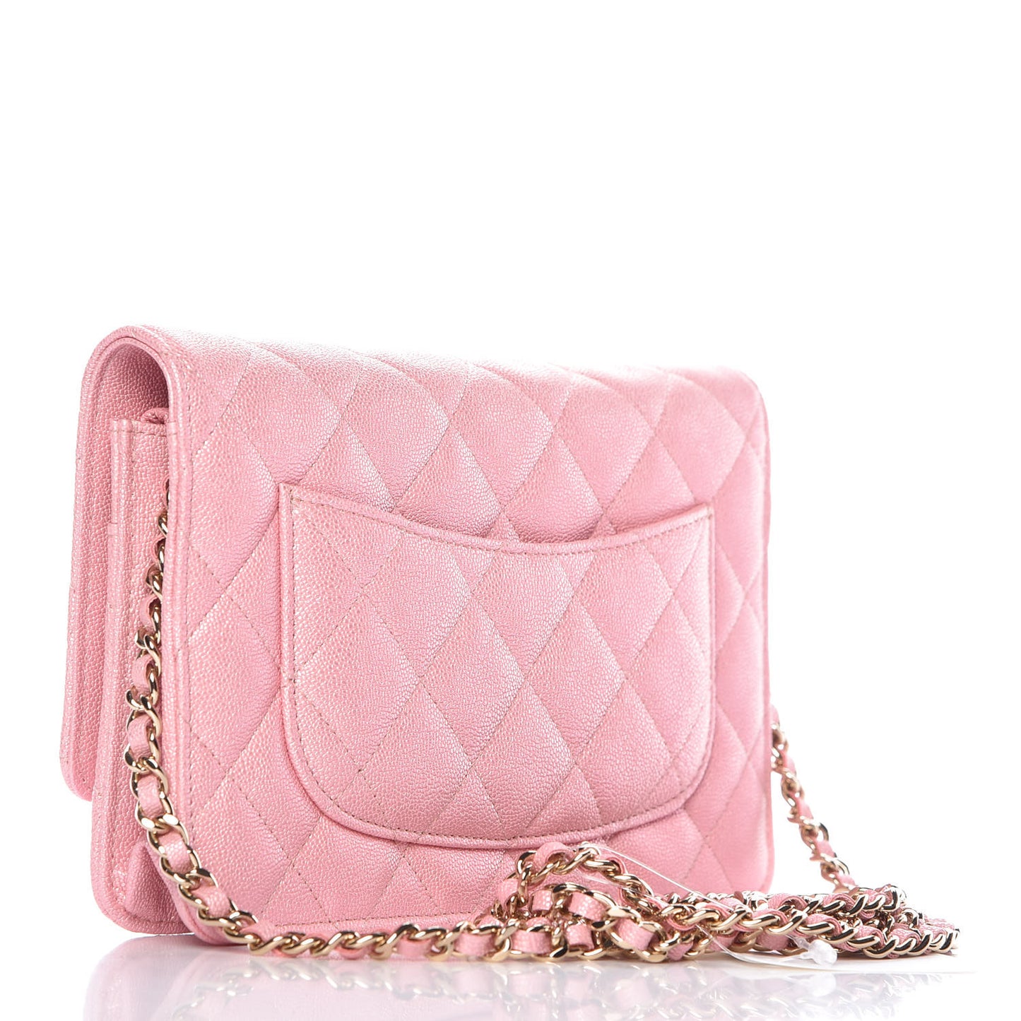 Iridescent Caviar Quilted Wallet on Chain WOC Rose Pink