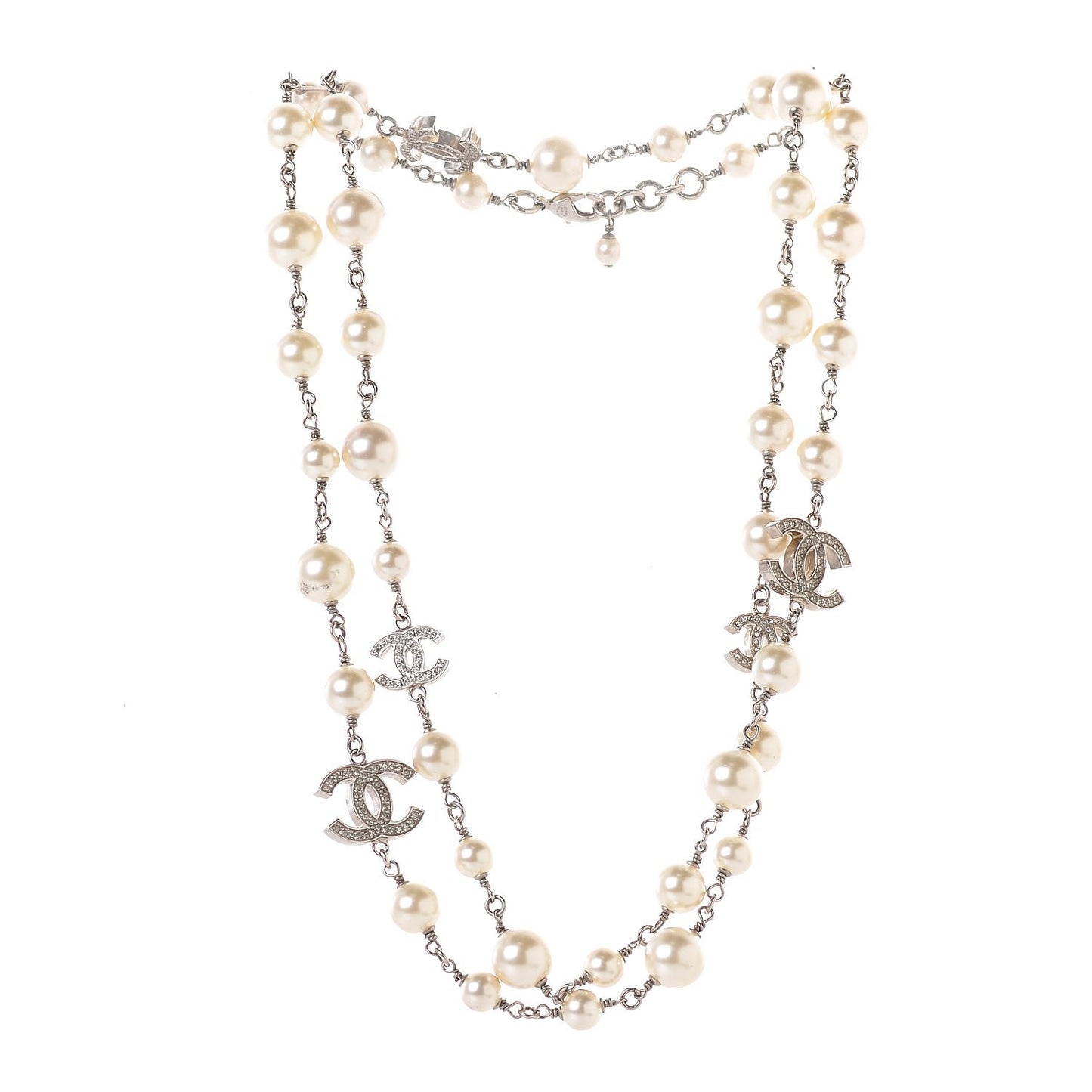 Crystal Pearl CC Long Necklace Silver