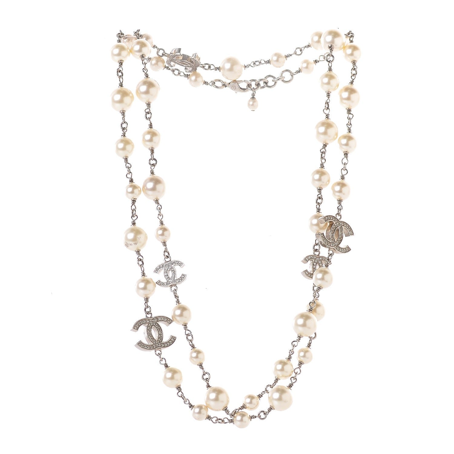 Chanel Crystal Pearl CC Long Necklace Silver 3 of 4