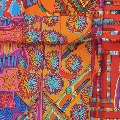 Hermes Silk Voyage En Etoffes Scarf 90 Orange Violet Jaune 6 of 7
