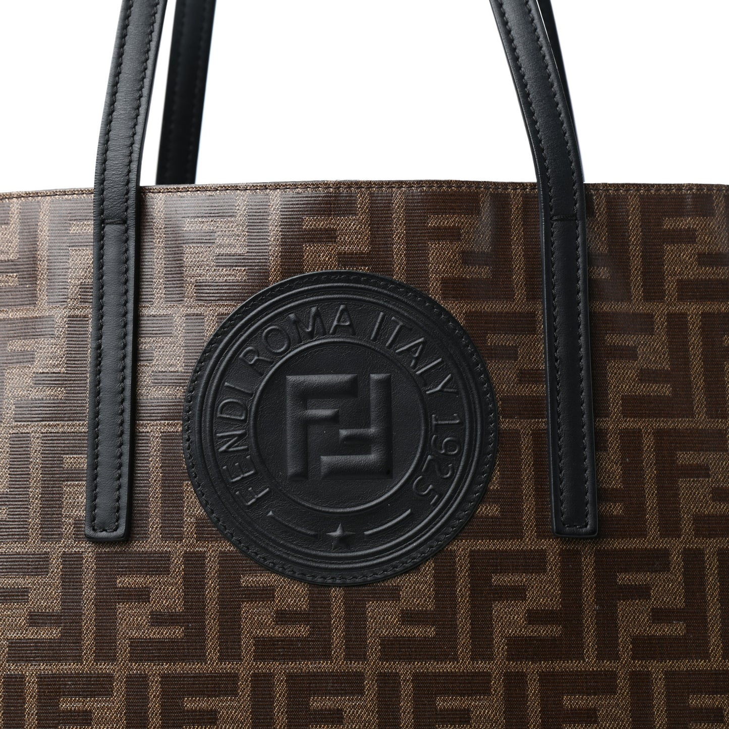 Glazed Fabric Vitello Century FF 1974 Stamp Patch Shopping Tote Mogano Panna Black