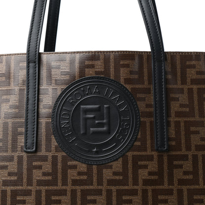 Fendi Glazed Fabric Vitello Century FF 1974 Stamp Patch Shopping Tote Mogano Panna Black 10 of 10