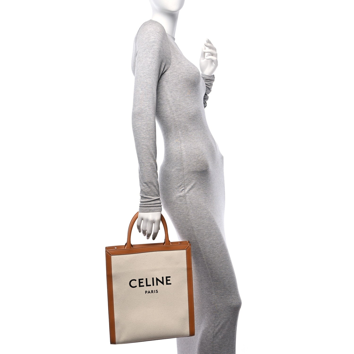 Celine Canvas Calfskin Logo Print Small Vertical Cabas Natural Tan 2 of 10