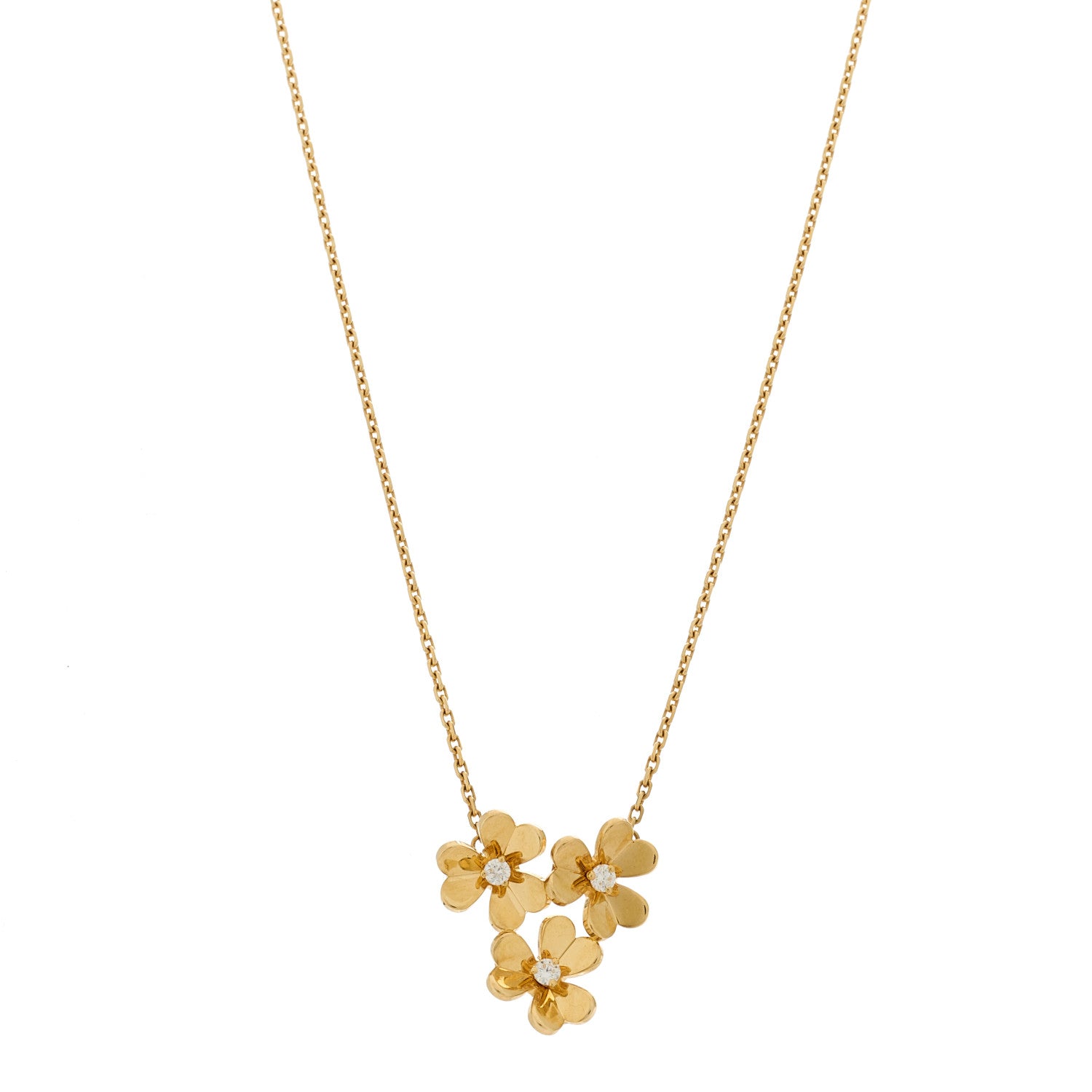 Van Cleef & Arpels 18K Yellow Gold Diamond Mini Frivole 3 Flowers Pendant Necklace 1 of 5