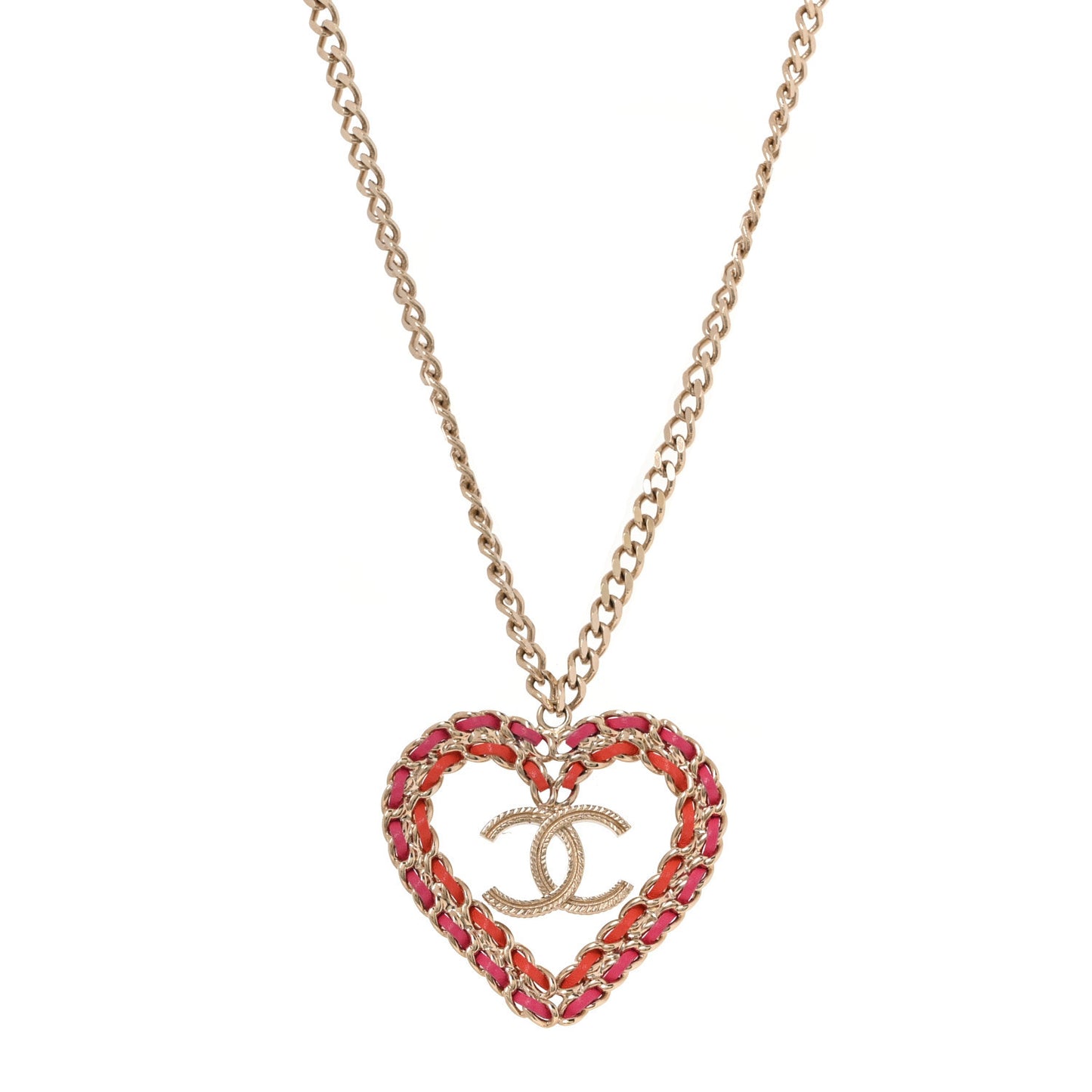 Metal Lambskin Chain CC Heart Necklace Pink Red Gold