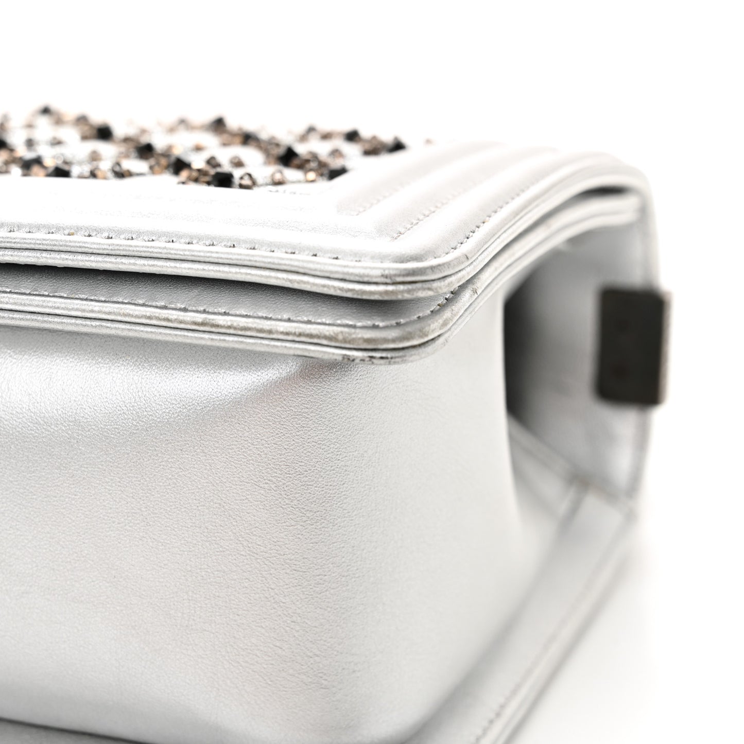 Metallic Lambskin Embellished Medium Boy Flap Silver