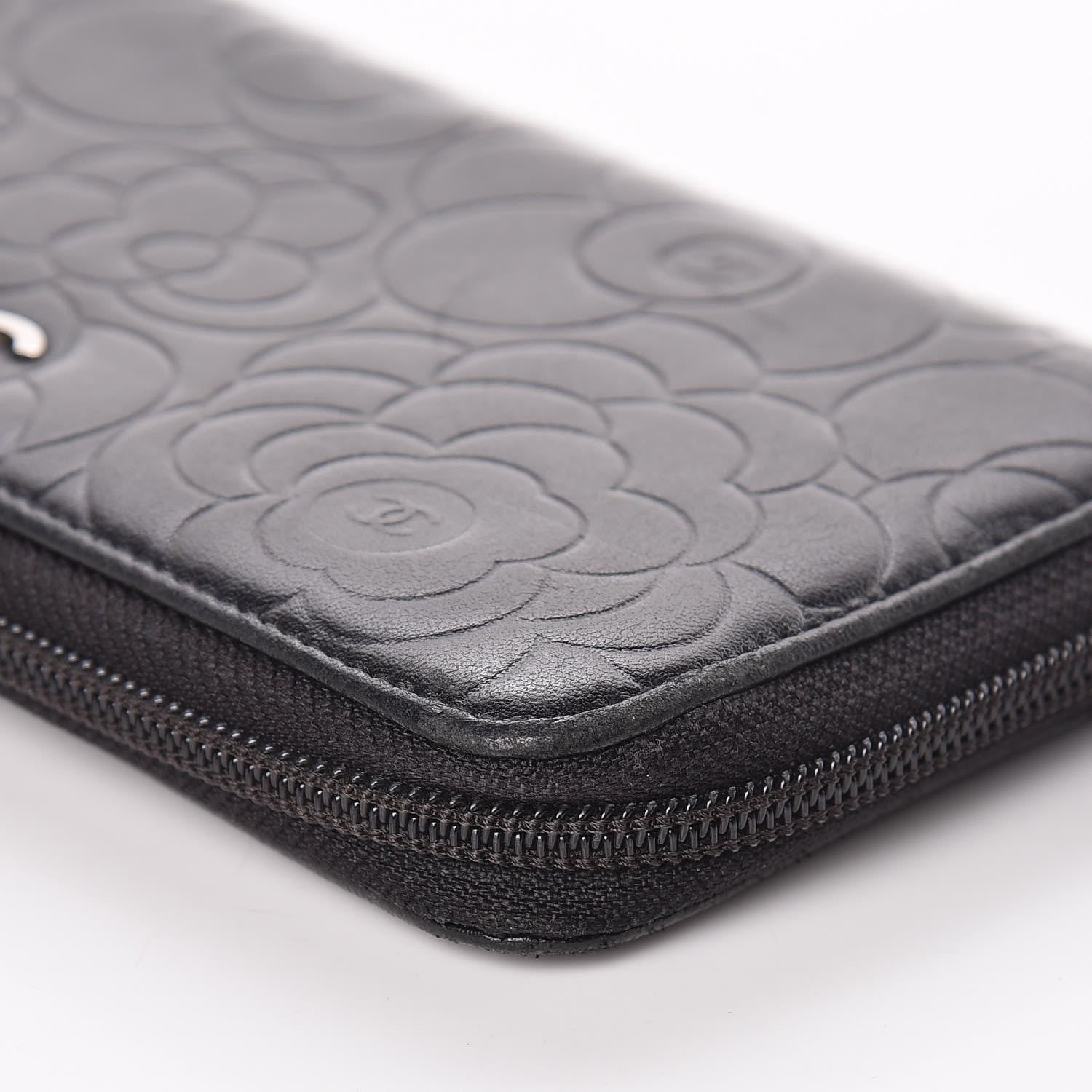 Chanel Lambskin Camellia Embossed Large Zip Around Gusset Wallet Black 12 of 14