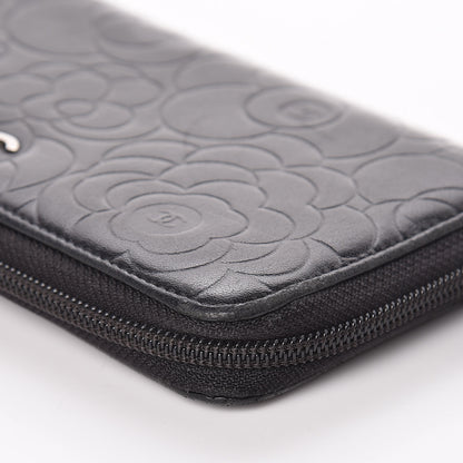 Chanel Lambskin Camellia Embossed Large Zip Around Gusset Wallet Black 12 of 14