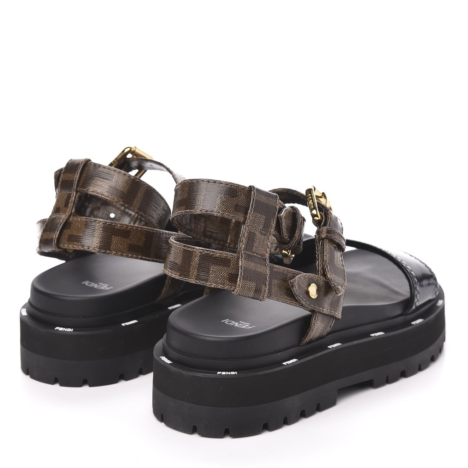 Fendi Vernice High-Tech Glazed Fabric FF Lug Sole Platform Sandals 37 Black Tobacco Moro 4 of 8