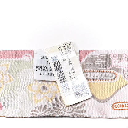 Hermes Silk Bingata Twilly Vieux Rose Vert De Eau 4 of 5