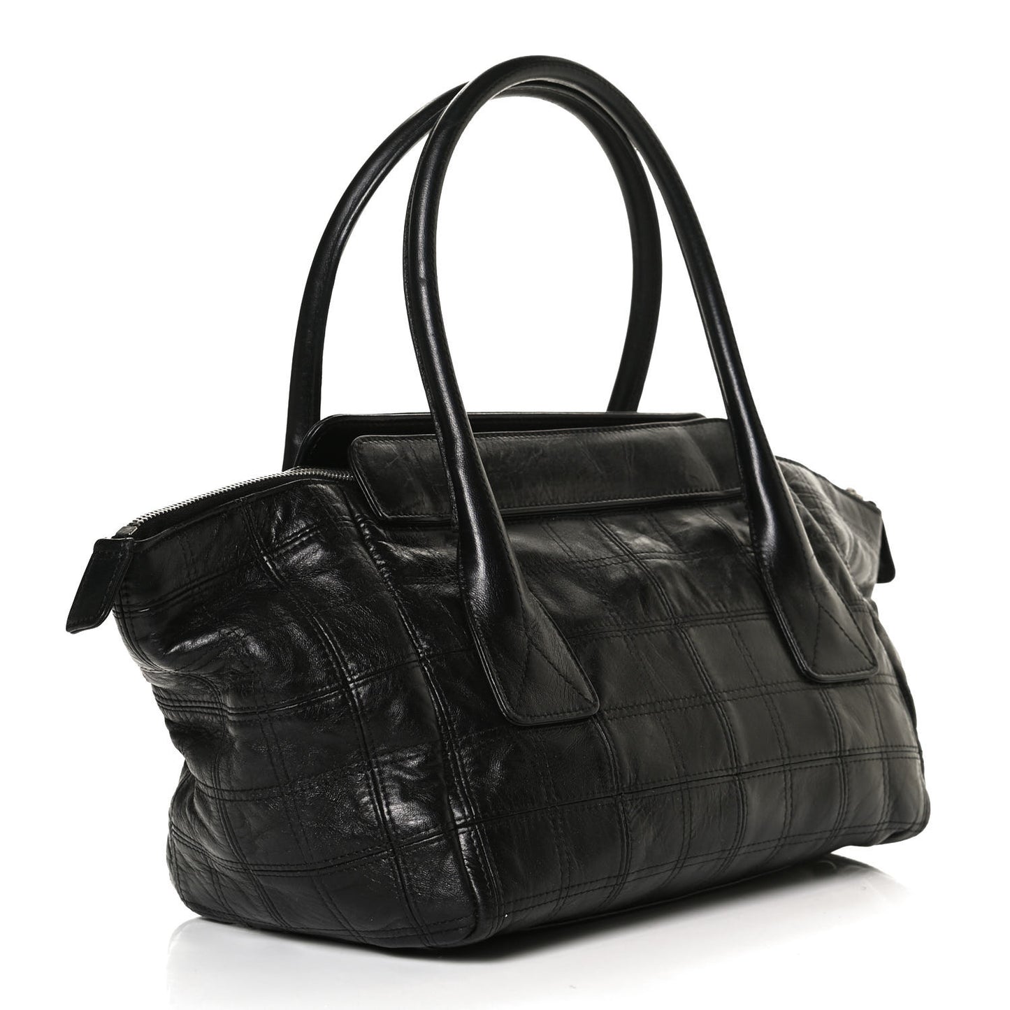 Lambskin Square Stitched Lax East West Tote Black