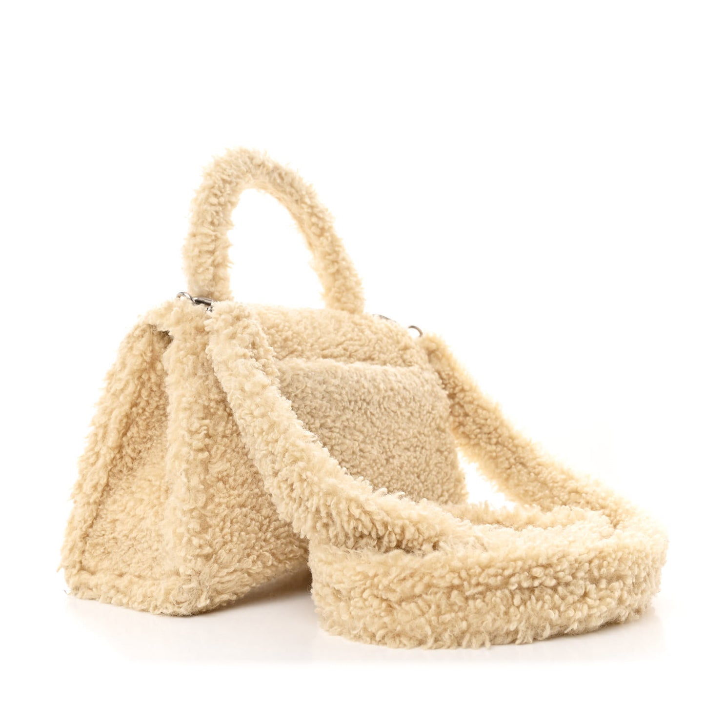 Curly Faux Shearling Small Hourglass Top Handle Bag Beige