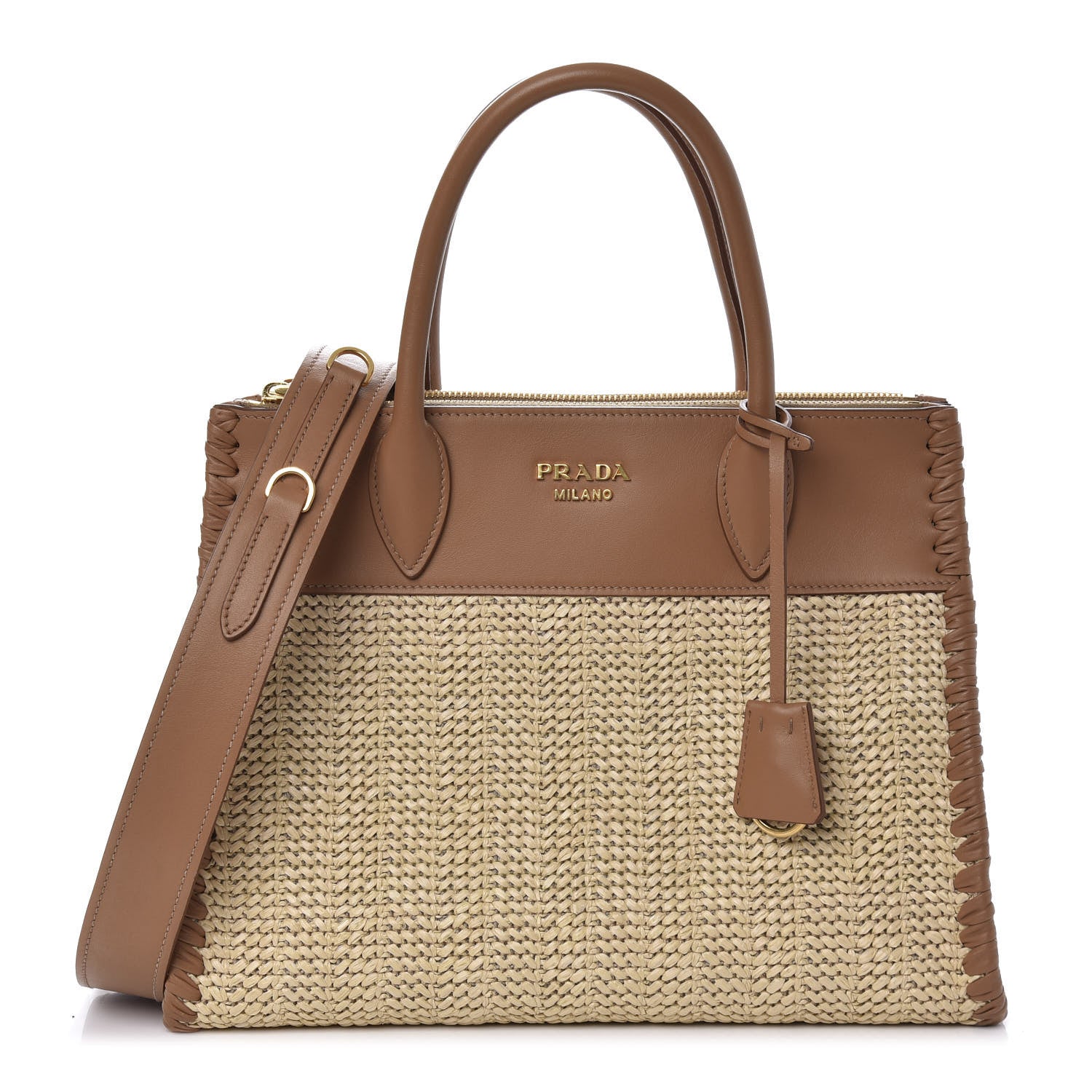 Prada Raffia City Calfskin Whipstitch Medium Paradigme Bag Naturale Caramel 1 of 10