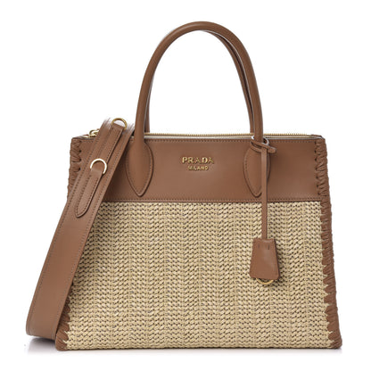 Prada Raffia City Calfskin Whipstitch Medium Paradigme Bag Naturale Caramel 1 of 10