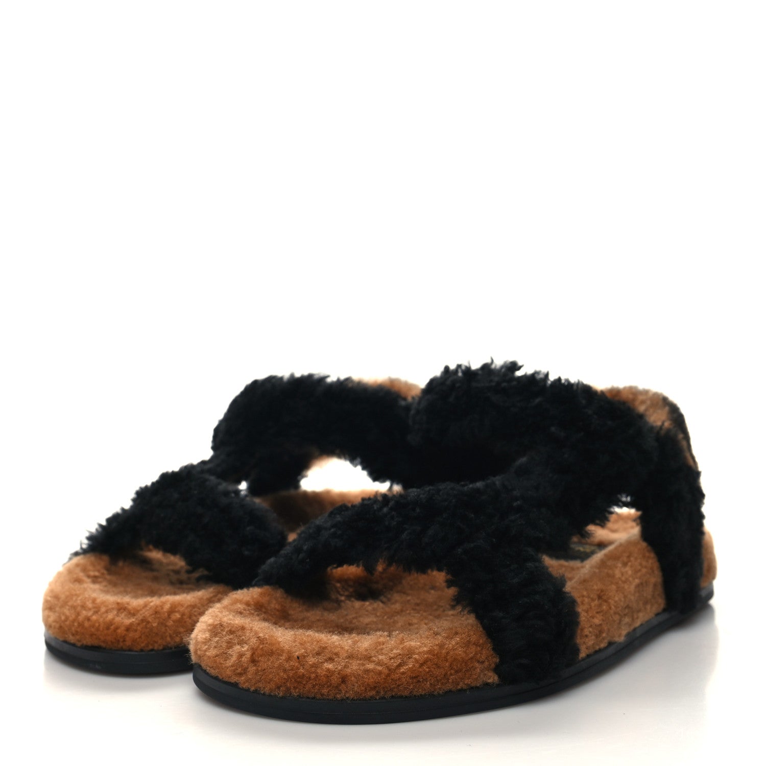 Fendi Shearling FF Fendi Feel Sandals 38.5 Tobacco Black 3 of 8