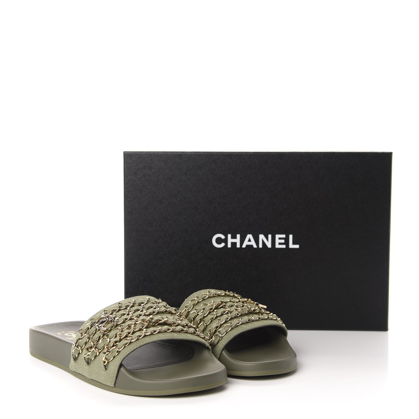 Canvas Chain Flat Sandals 38 Khaki
