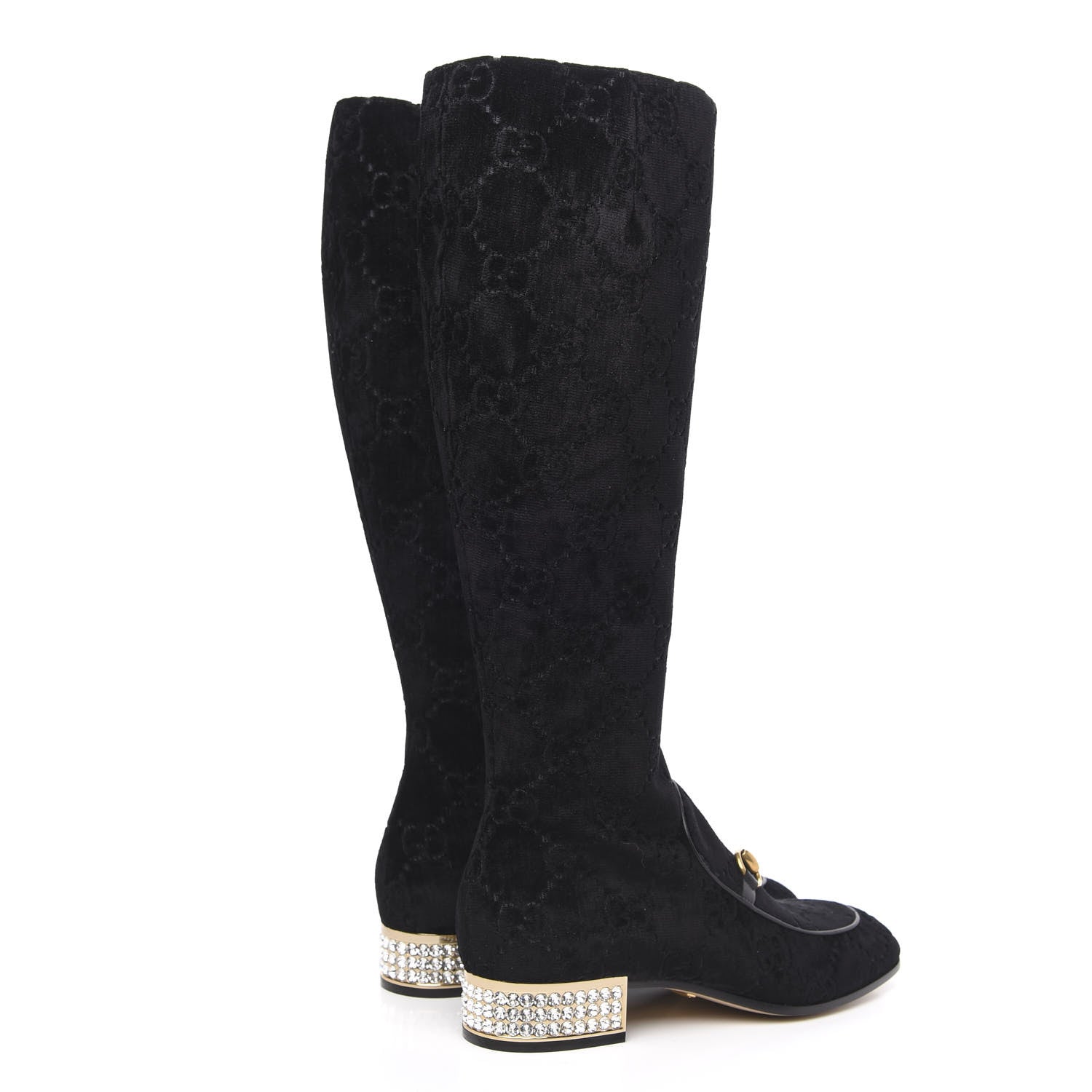 Gucci Velvet GG Monogram Crystal Horsebit Knee High Boots 39.5 Black 4 of 8