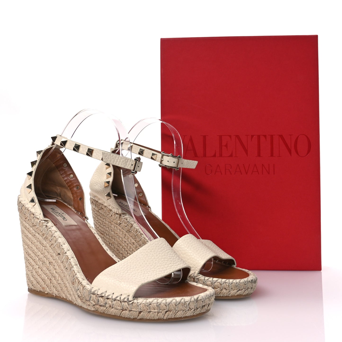 Grained Calfskin Rockstud Crisscross Ankle Strap Espadrille Wedge Sandals 39 Light Ivory
