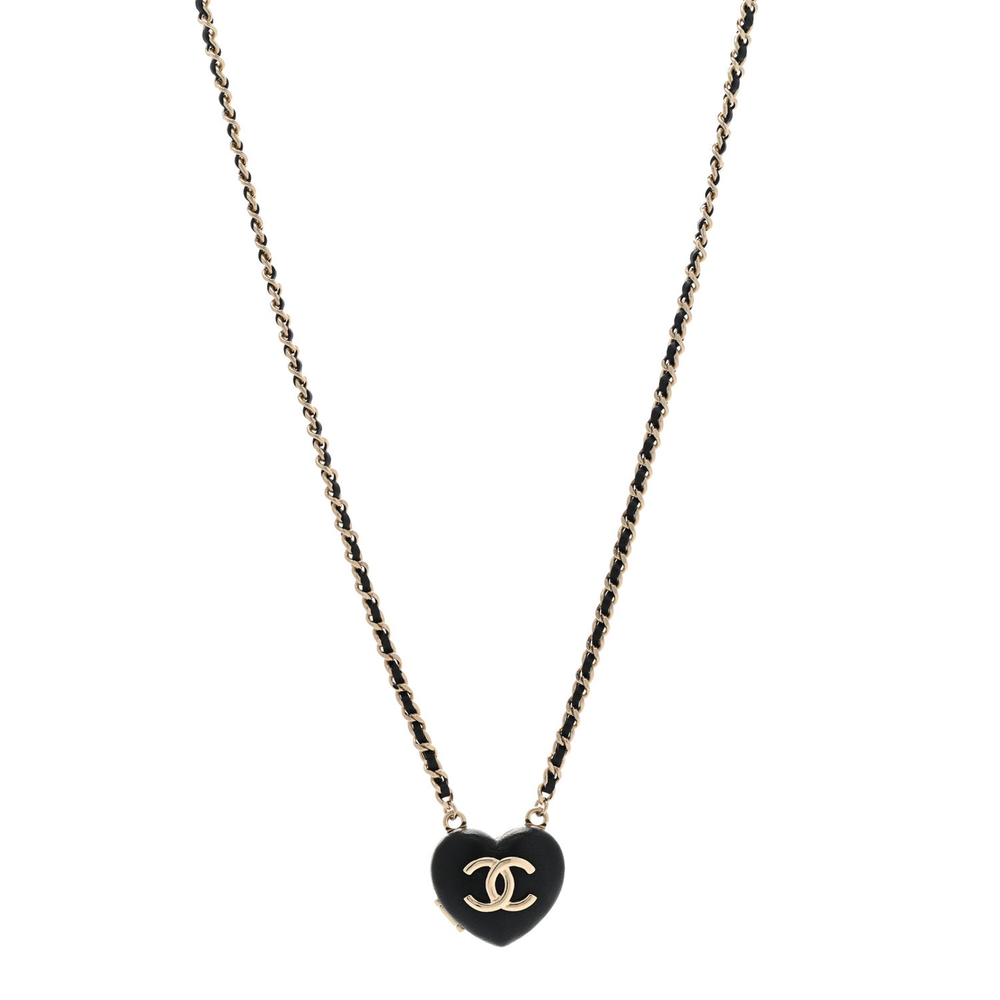 Lambskin CC Heart Mirror Locket Necklace Gold Black
