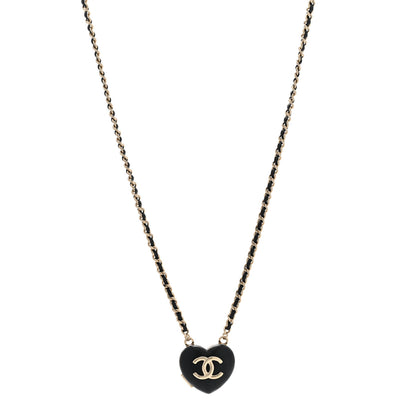 Chanel Lambskin CC Heart Mirror Locket Necklace Gold Black 1 of 7