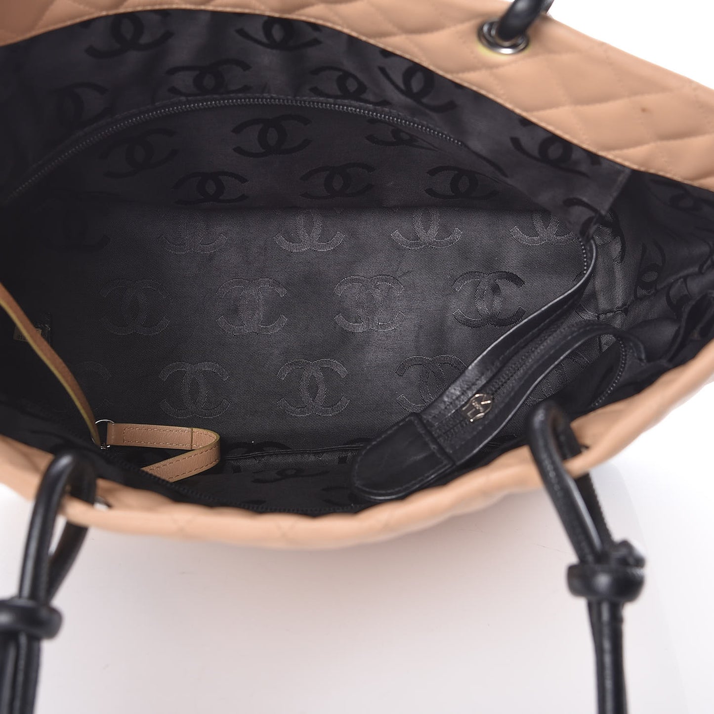 Calfskin Quilted Large Cambon Tote Beige Black
