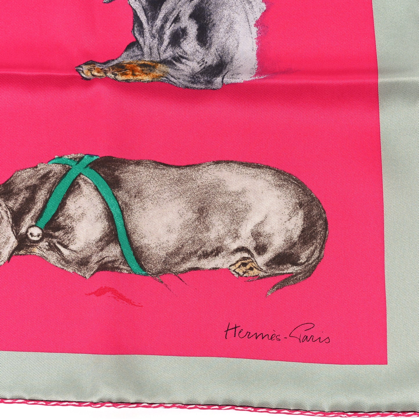 Silk Les Bassets Scarf 70 Fuchsia Etoupe Vert