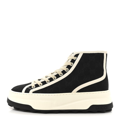 Gucci New Canvas GG Monogram Womens Tennis 1977 High Top 55mm Platform Sneakers 38 Black Mystic White 1 of 8