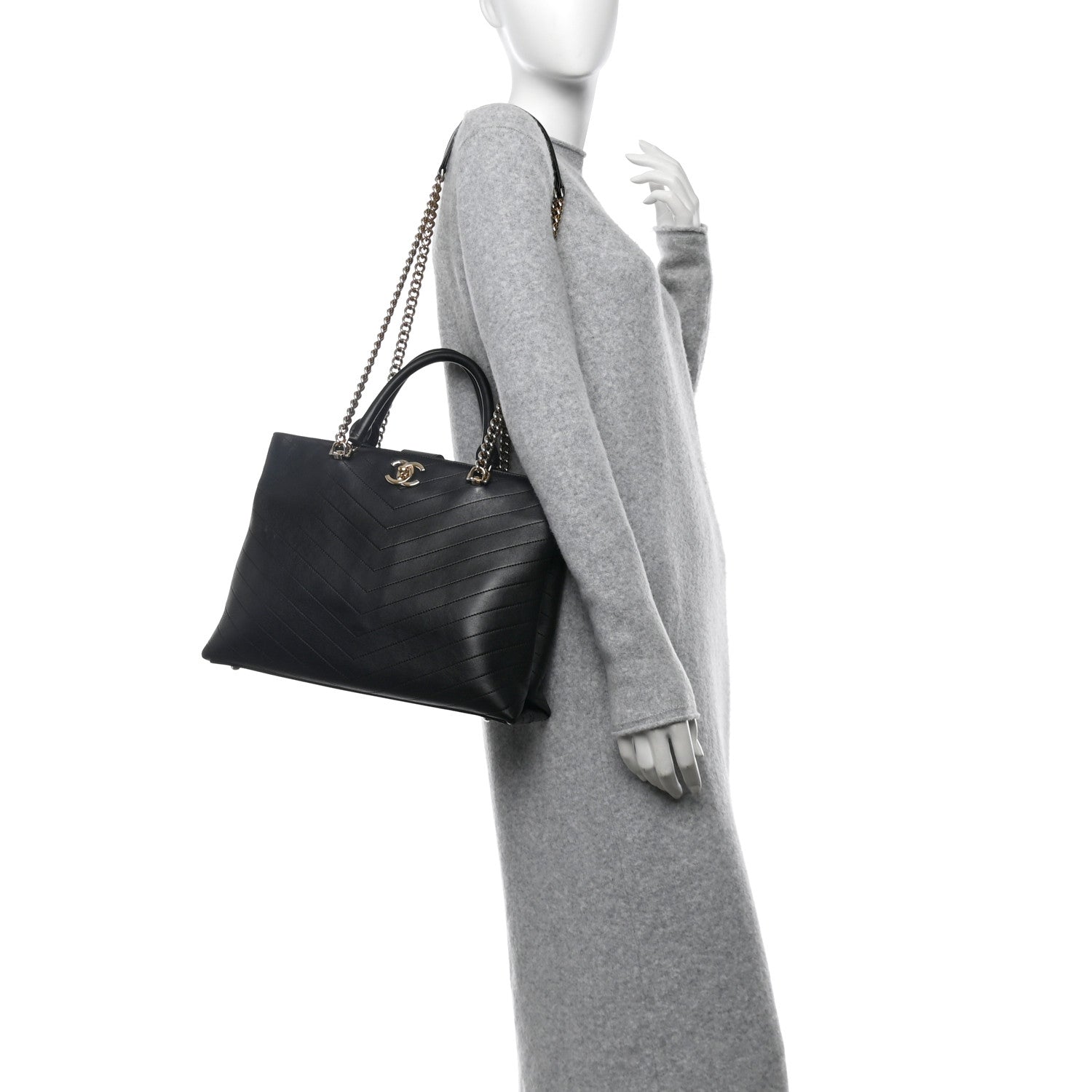 Chanel Calfskin Chevron Quilted Large Shopping Tote  Black 2 of 13