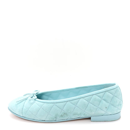 Chanel Suede Calfskin Quilted Cap Toe CC Ballerina Flats 38 Light Blue 1 of 10