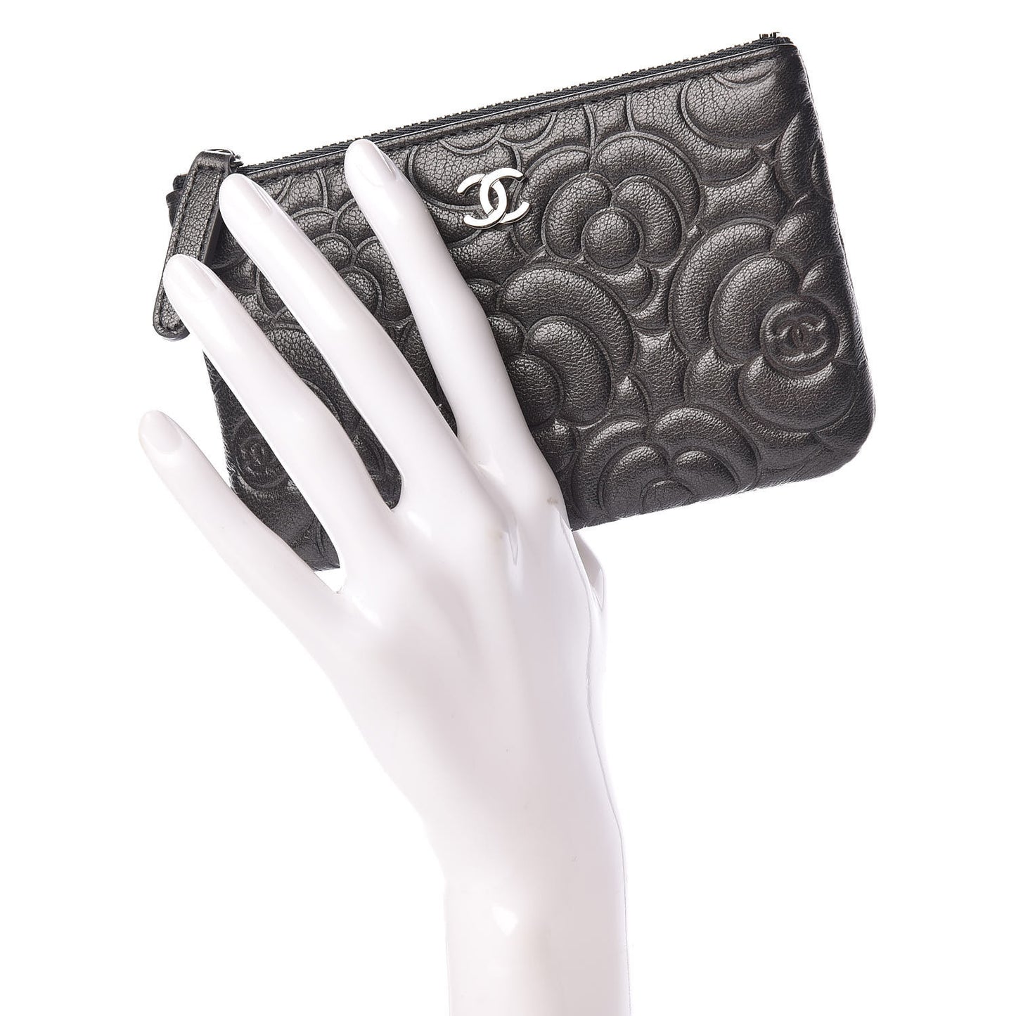 Goatskin Camellia Embossed Cosmetic Pouch Anthracite
