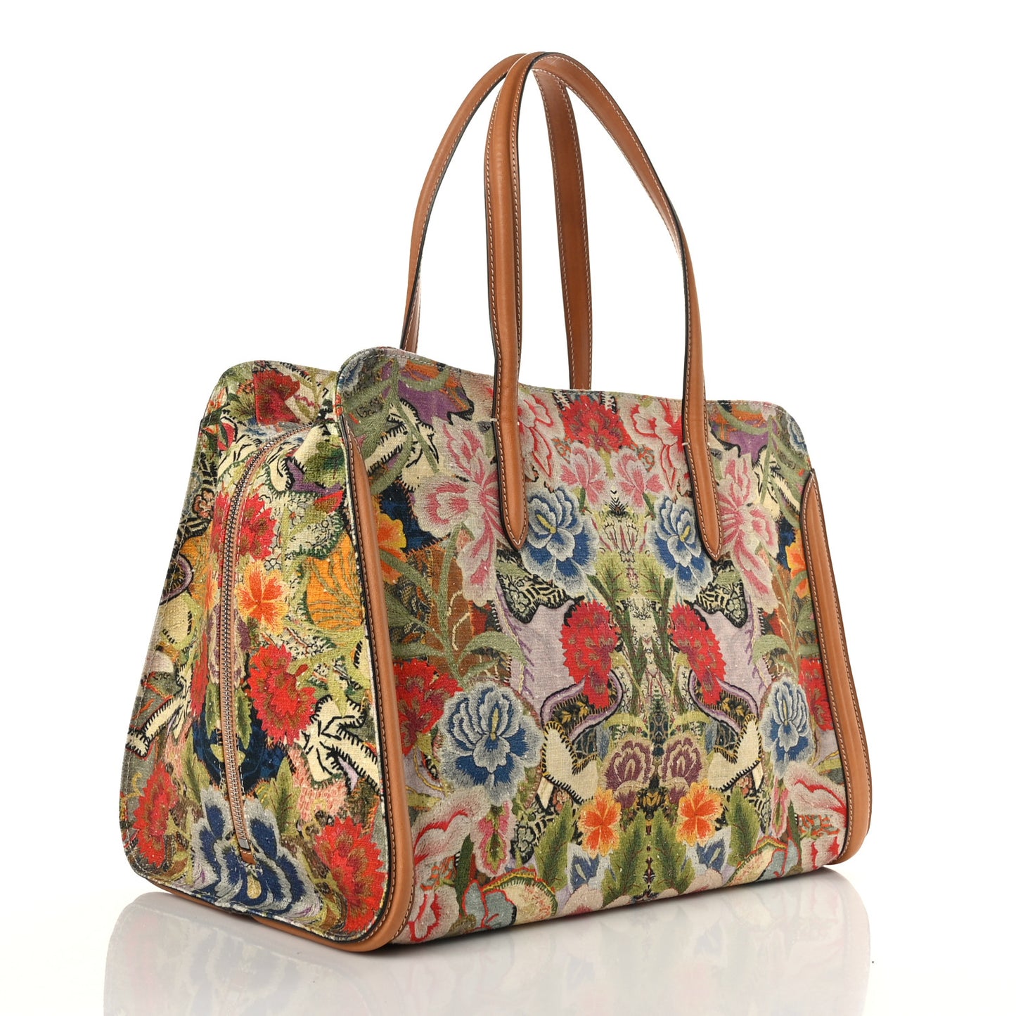 Printed Canvas Floral Embroidered Small Skull Padlock Zip Around Tote Multicolor