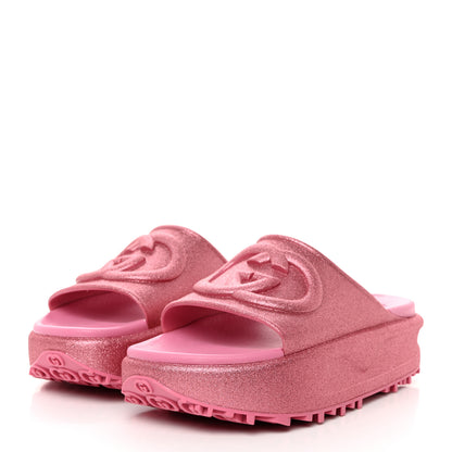 Gucci Glitter Rubber Womens Interlocking G Platform 42mm Slide Sandals 40 Rose 3 of 9