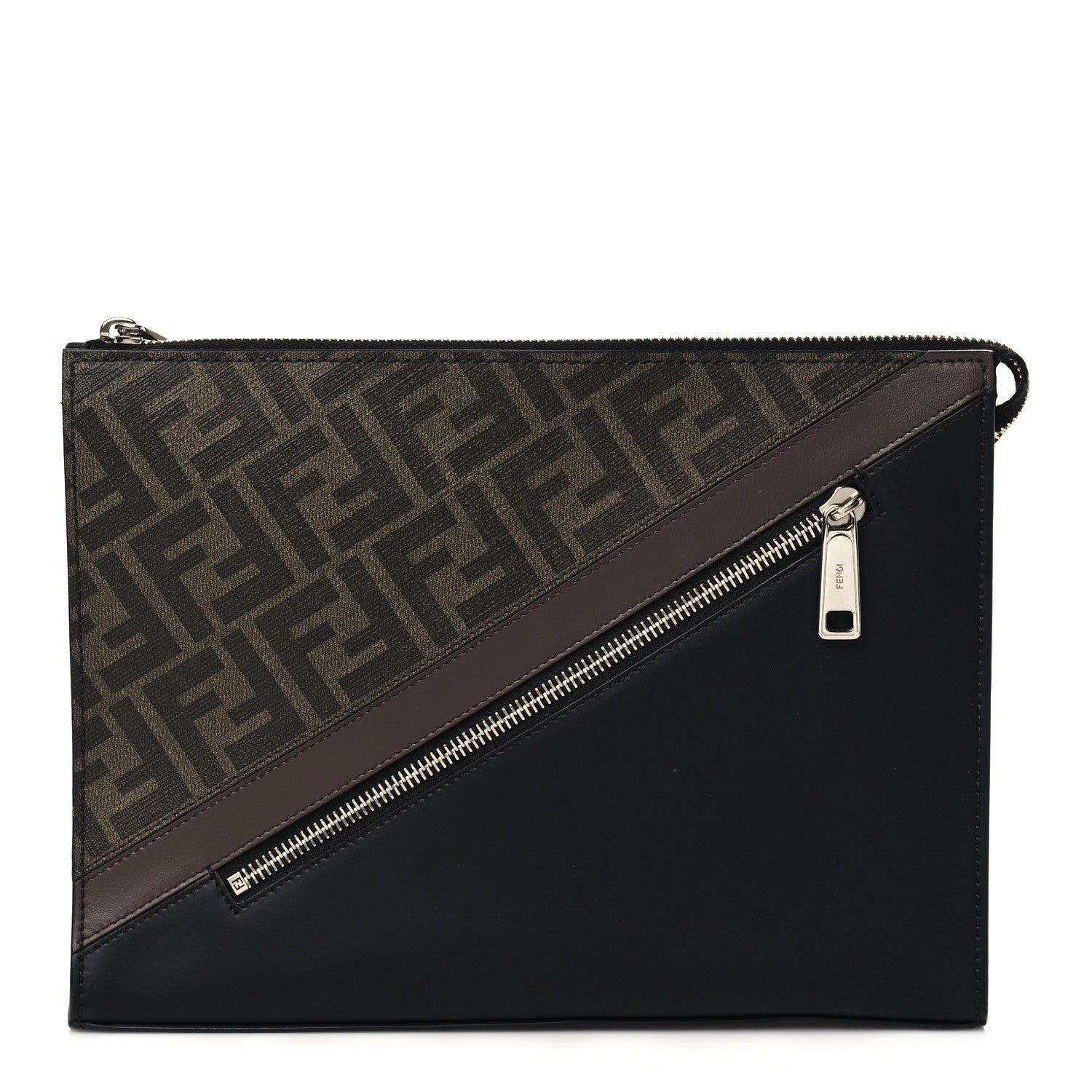 Fendi Glazed Fabric Vitello Liberty FF 1974 Diagonal Pouch Tobacco Moresco Black 1 of 7