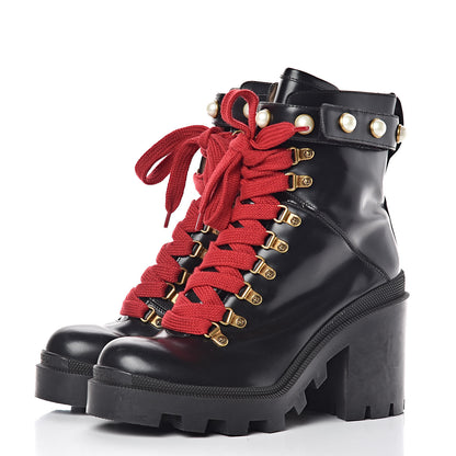 Gucci Calfskin Pearl Lace Up Combat Ankle Boots 40 Black 3 of 9