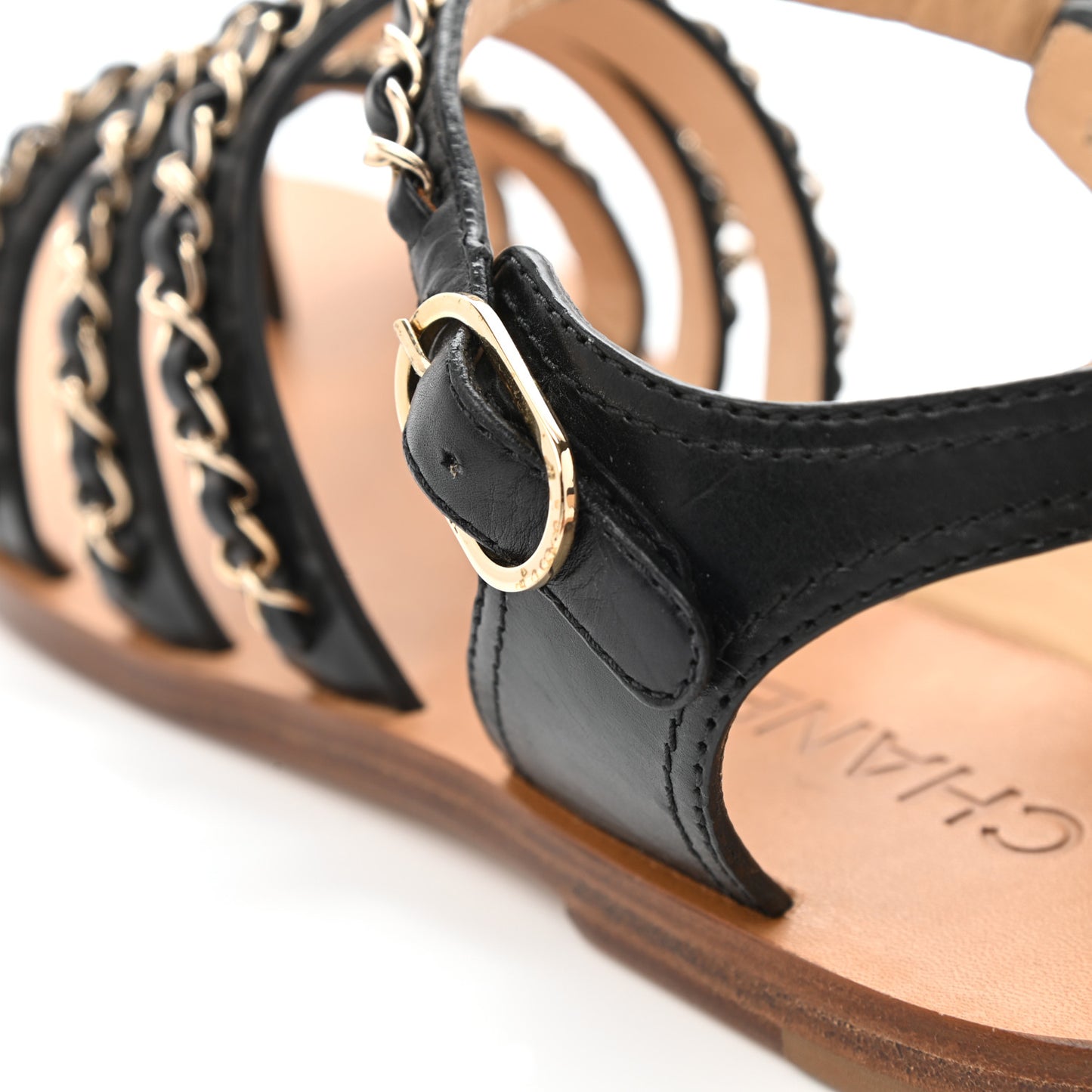 Calfskin Fantasy Chain Flat Sandals 39 Black