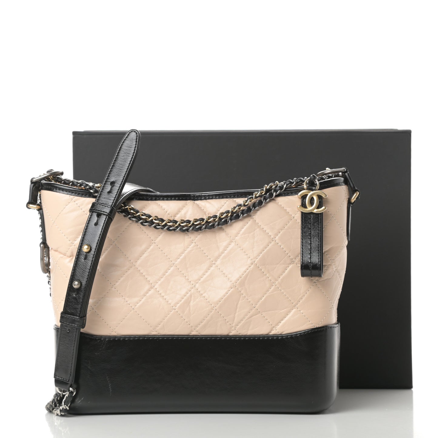 Aged Calfskin Quilted Medium Gabrielle Hobo Beige Black