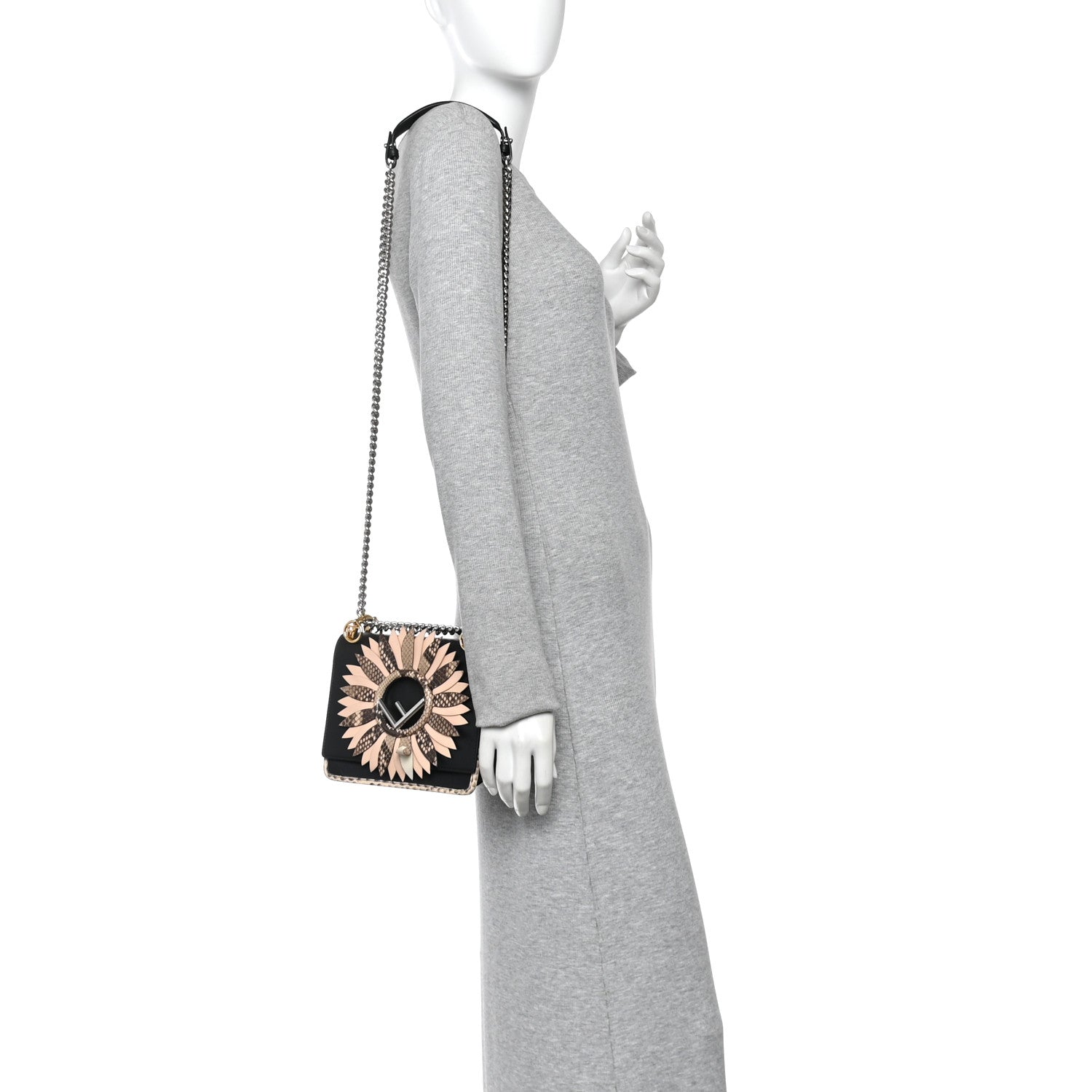Fendi Vitello Century Snakeskin F is Fendi Flower Burst FF Small Kan I Shoulder Bag Black Beige 2 of 13