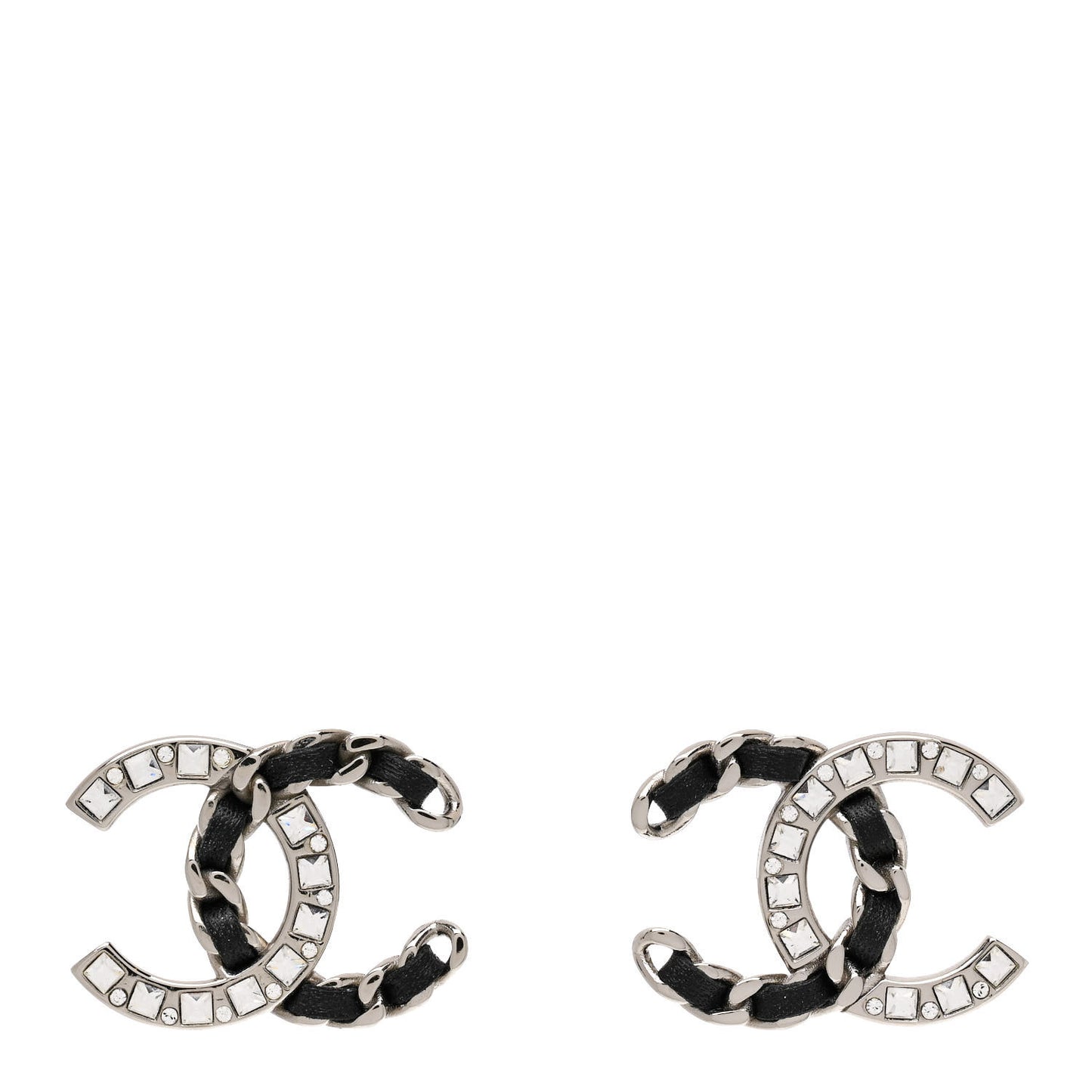 Crystal Baguette Lambskin Chain CC Vintage Allure Stud Earrings Black Silver