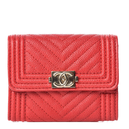 Chanel Caviar Chevron Quilted Boy Card Holder Wallet Dark Red 1 of 12