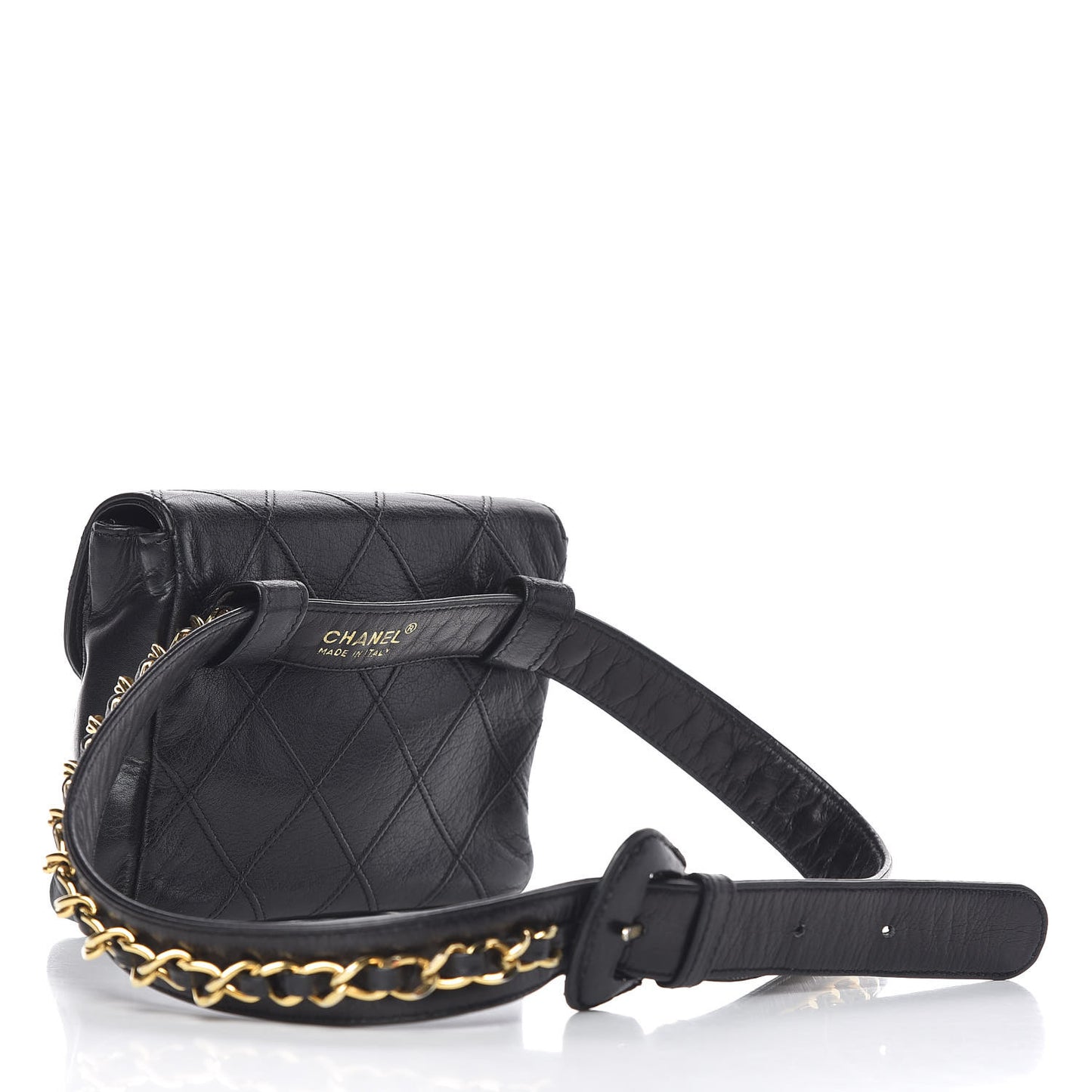 Calfskin Quilted Flap Waist Belt Bag Black
