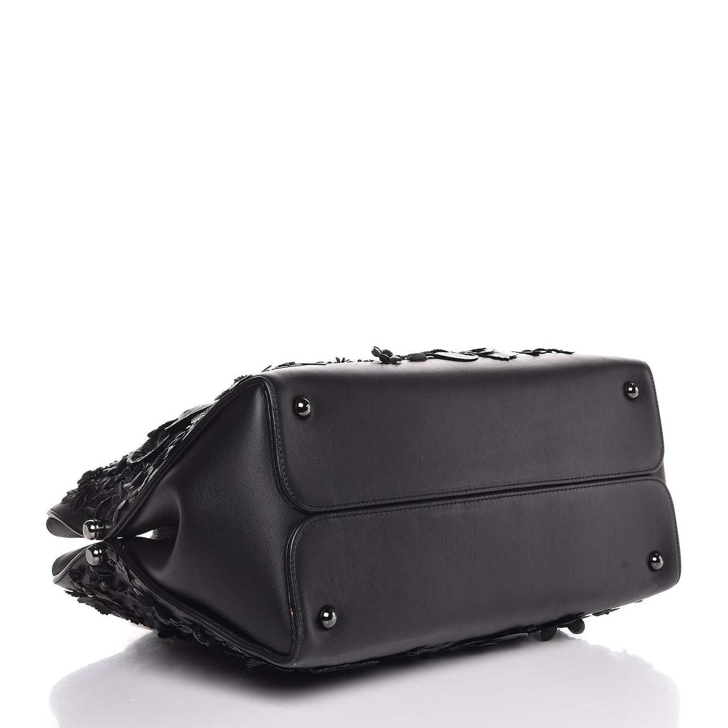 Calfskin Floral Applique Bar Tote Black