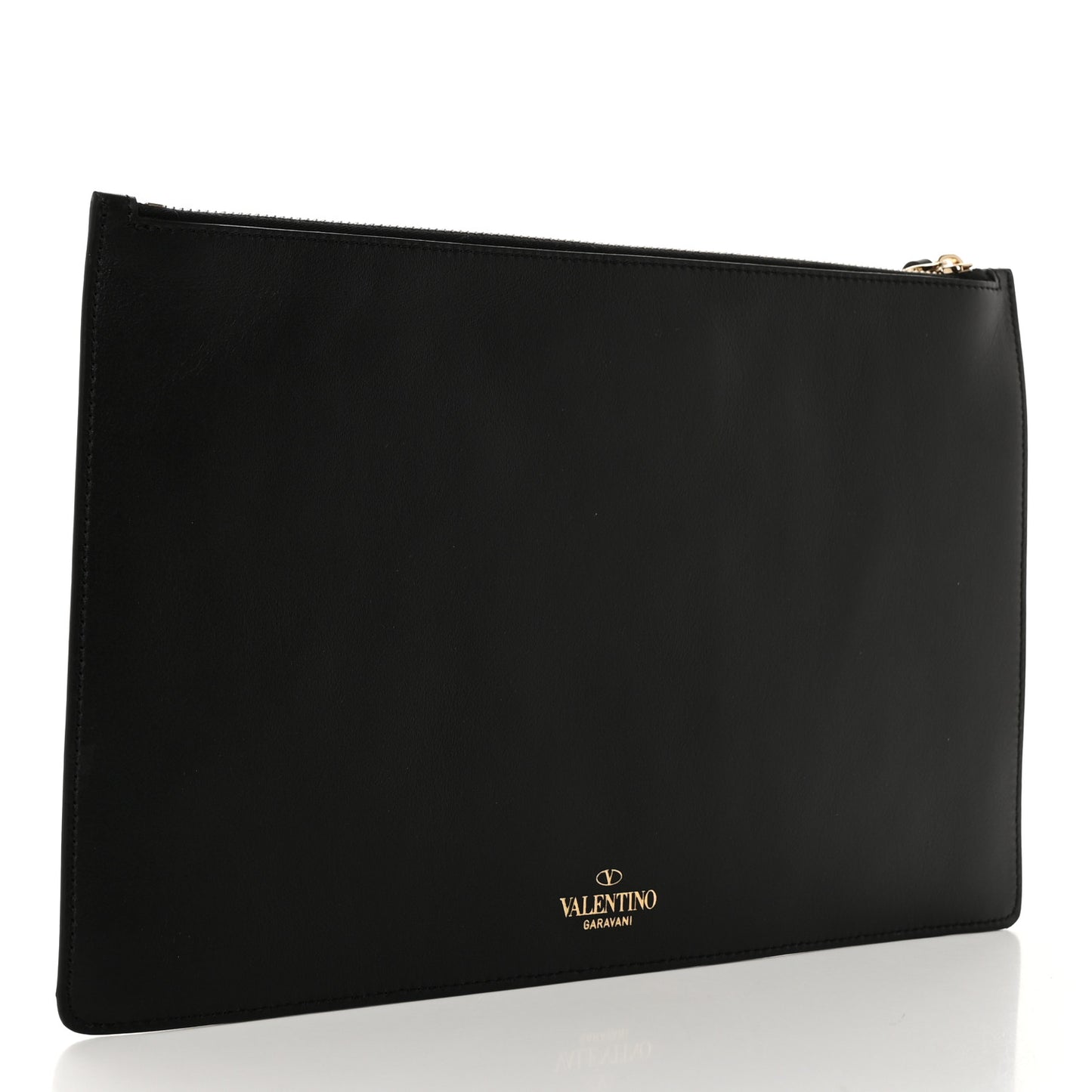 Calfskin VLTN Large Flat Zip Pouch Black