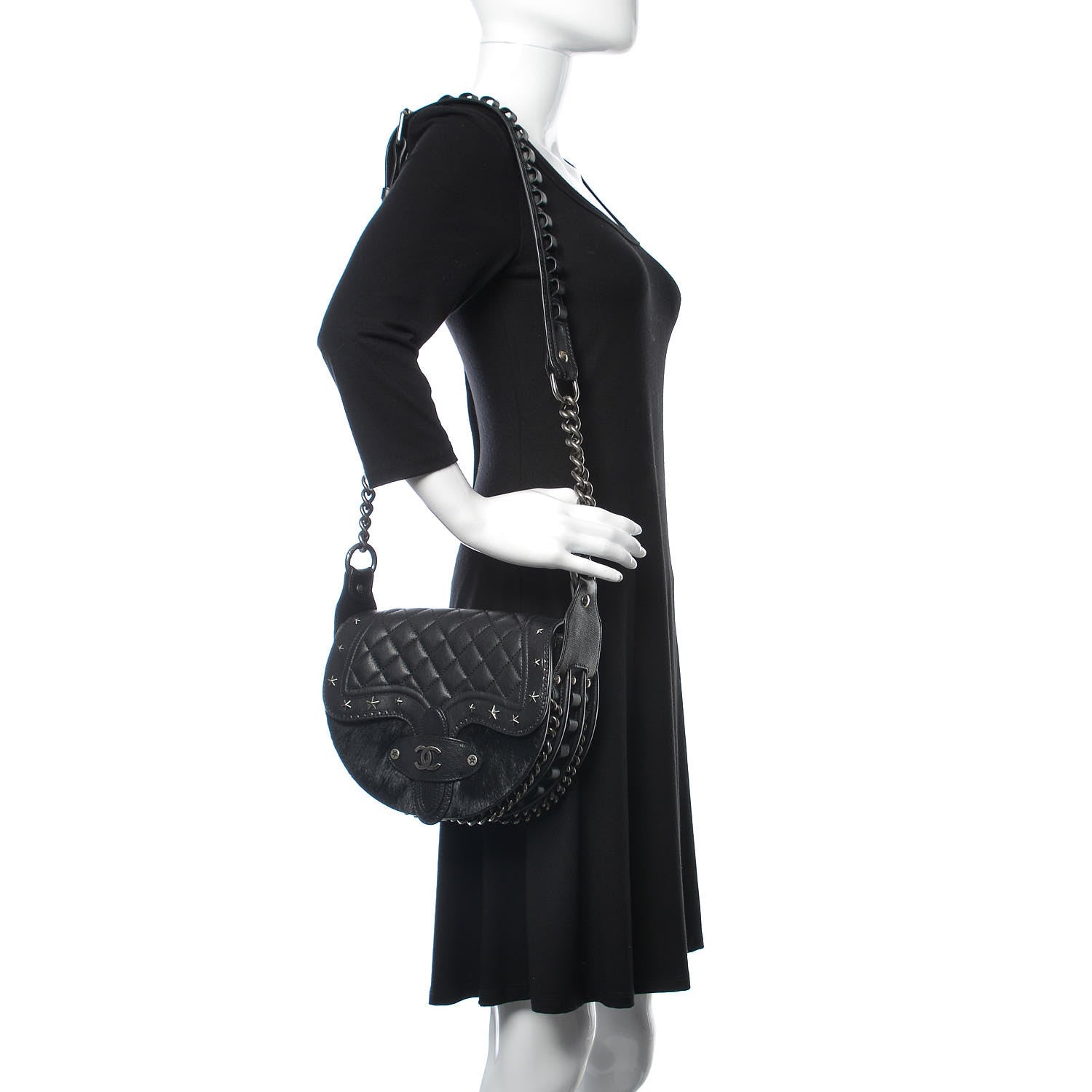 Chanel Pony Hair Calfskin Quilted Dallas Studded Saddle Bag Black 2 of 9