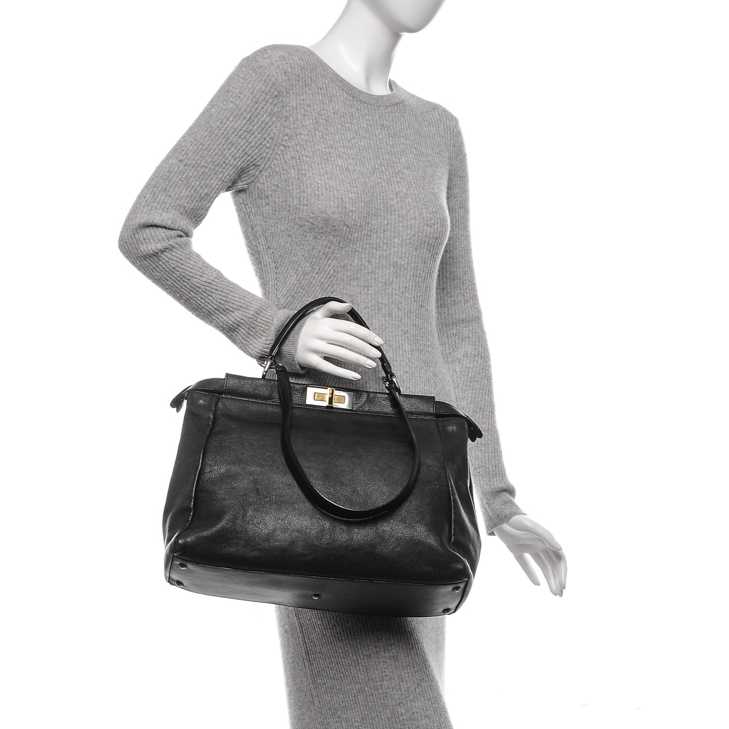 Fendi Goatskin Zucca Large Peekaboo Iconic Satchel Black Tobacco 2 of 9