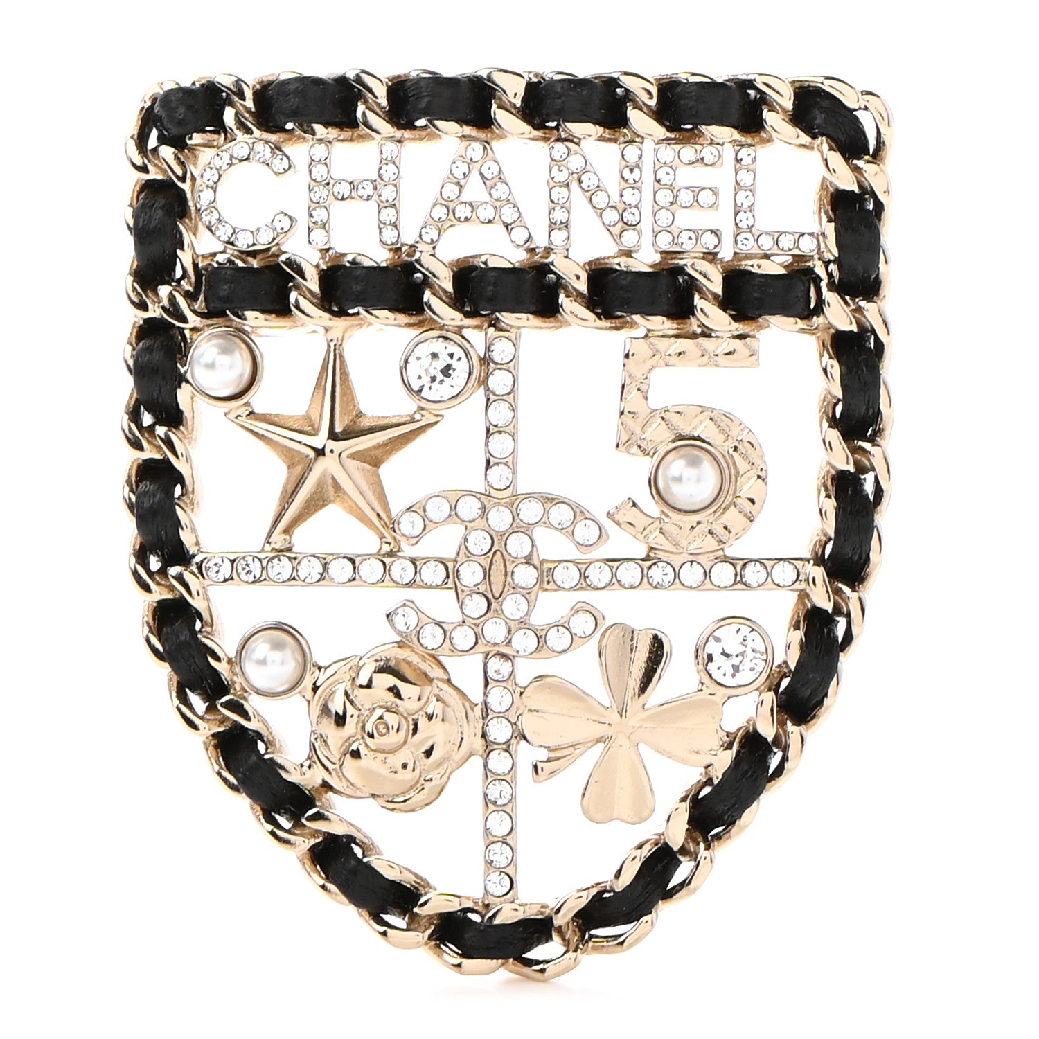 Chanel Lambskin Pearl Strass Sergeant Chanel Shield Brooch Gold 1 of 5