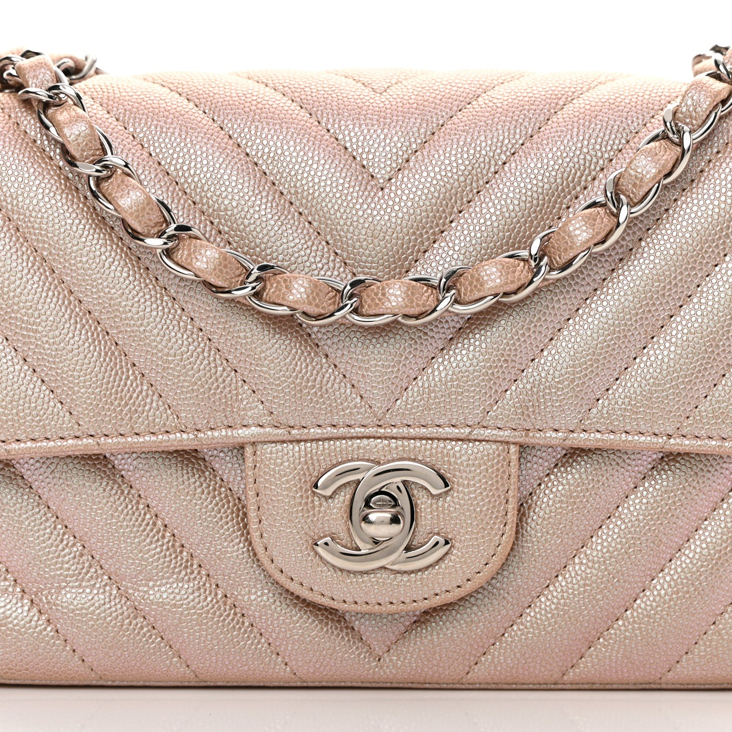 Iridescent Caviar Chevron Quilted Mini Rectangular Flap Light Gold